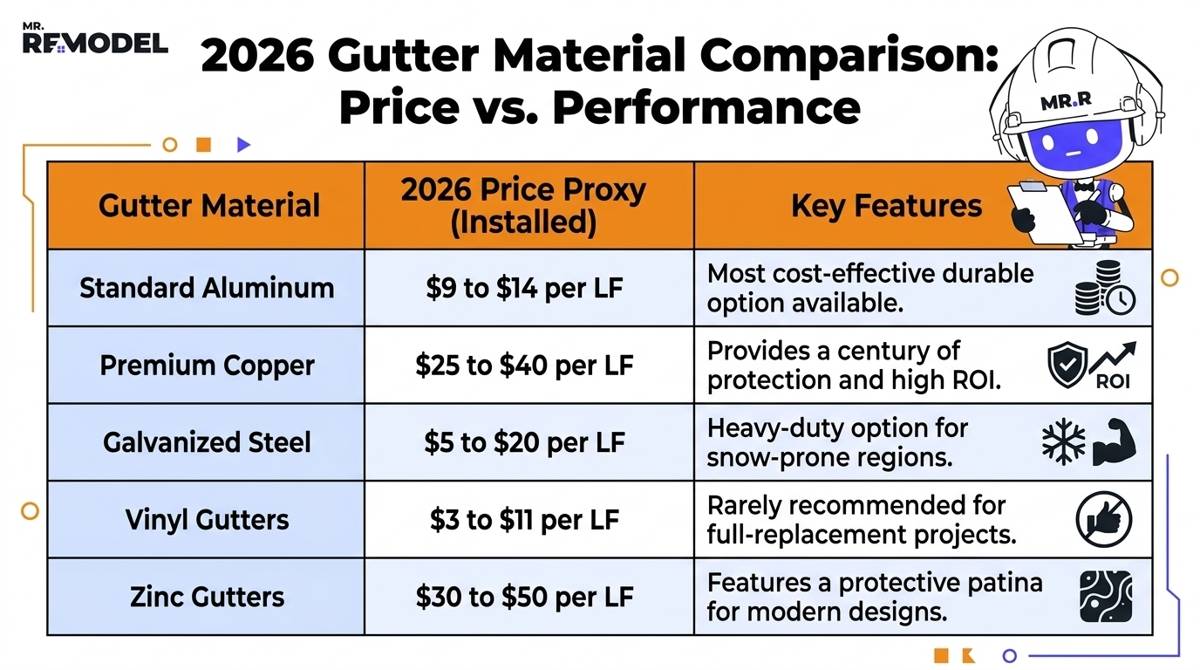 A 2026 gutter material pricing table comparing standard aluminum ($9-$14), premium copper ($25-$40), galvanized steel ($5-$20), vinyl ($3-$11), and zinc ($30-$50) per linear foot.